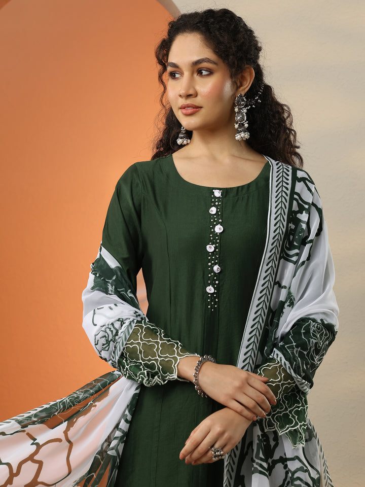 Green Solid Silk Blend Straight Suit With Dupatta