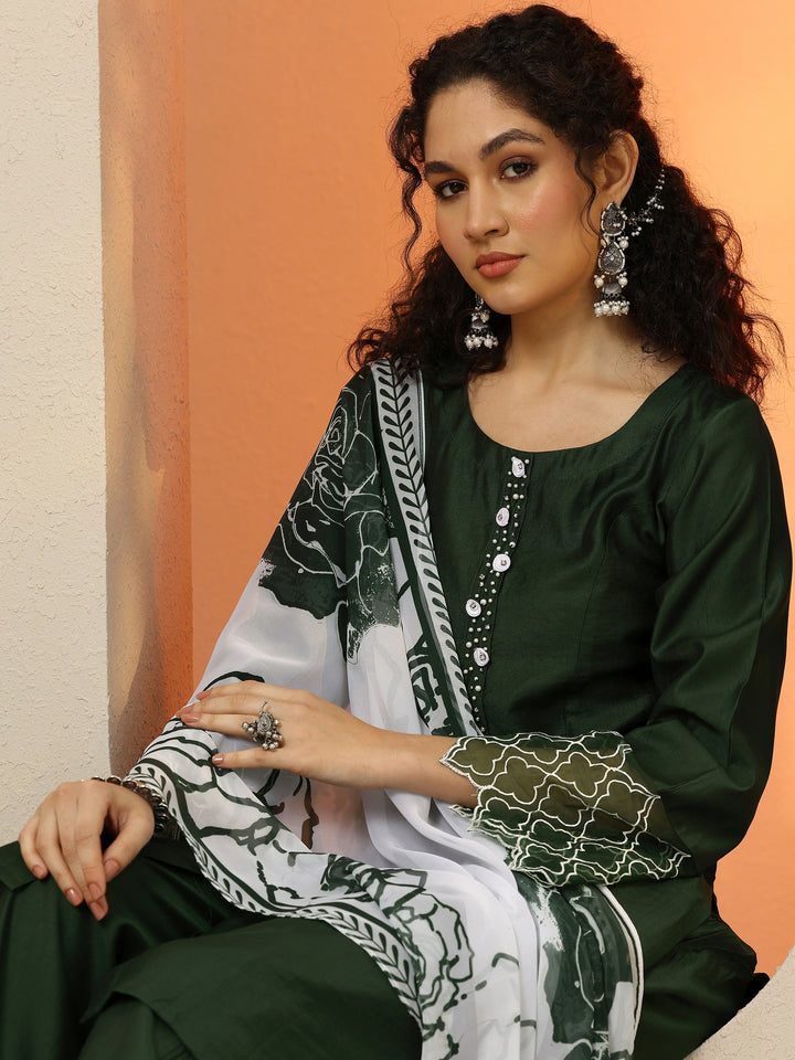 Green Solid Silk Blend Straight Suit With Dupatta