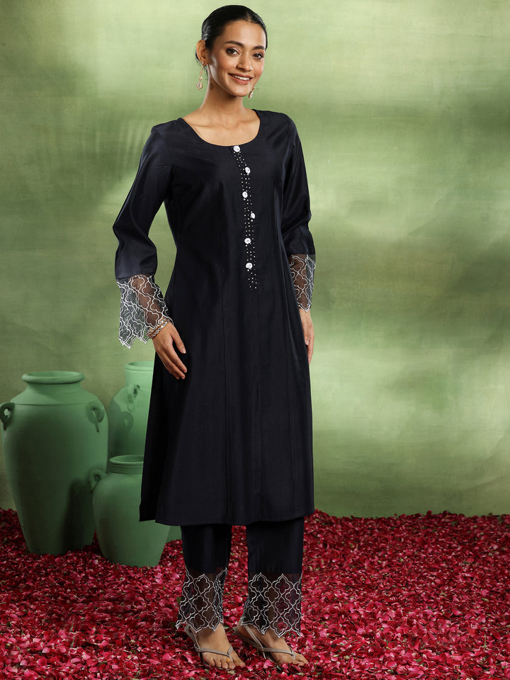 Navy Blue Solid Silk Blend Straight Suit With Dupatta