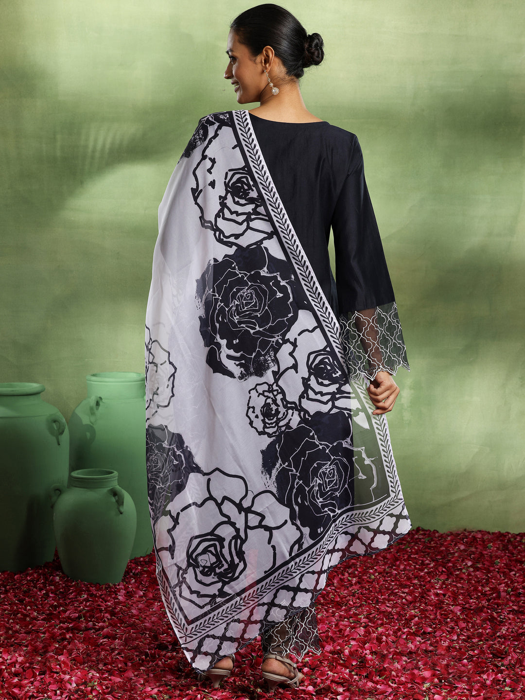Navy Blue Solid Silk Blend Straight Suit With Dupatta