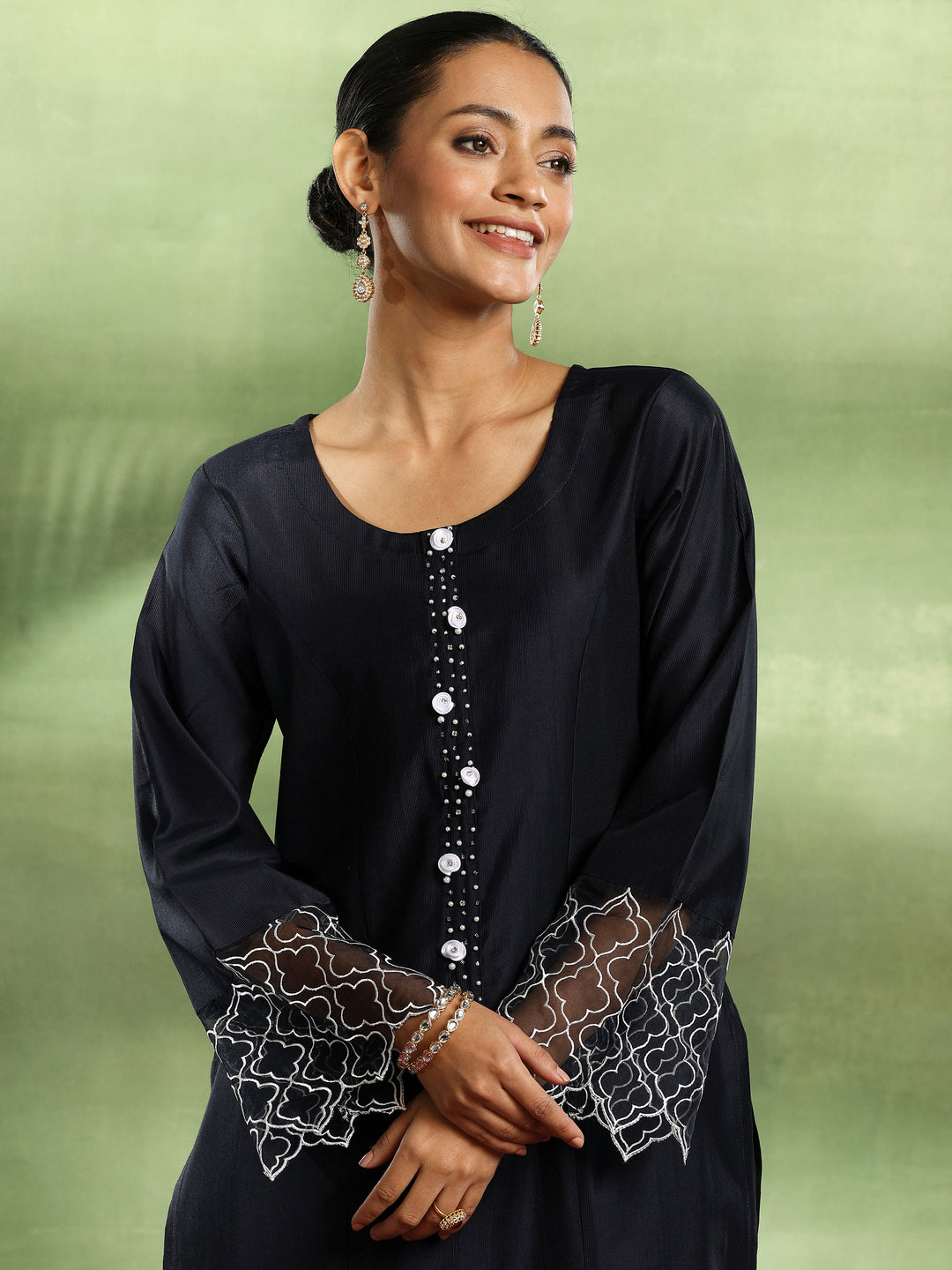 Navy Blue Solid Silk Blend Straight Suit With Dupatta