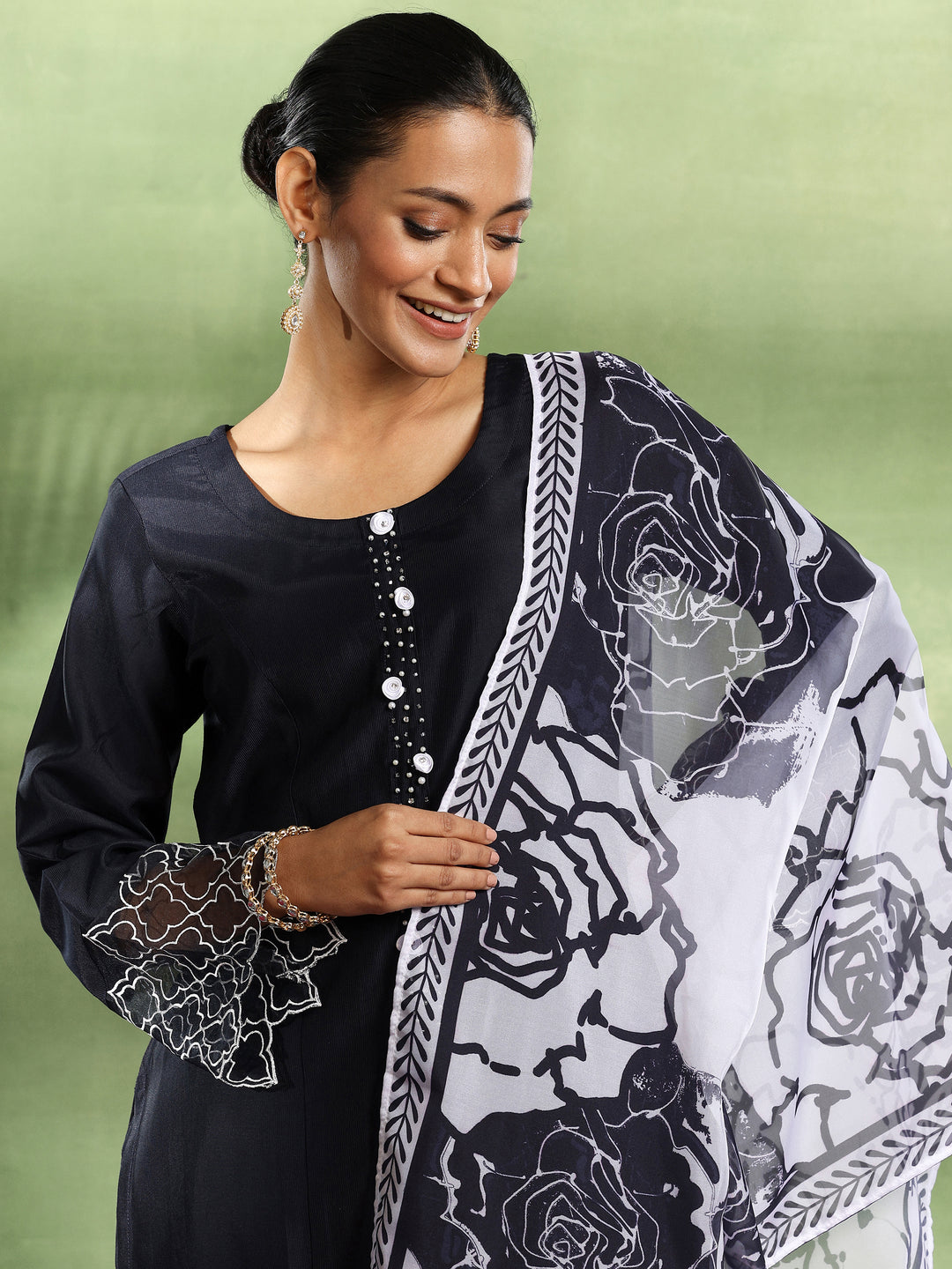 Navy Blue Solid Silk Blend Straight Suit With Dupatta