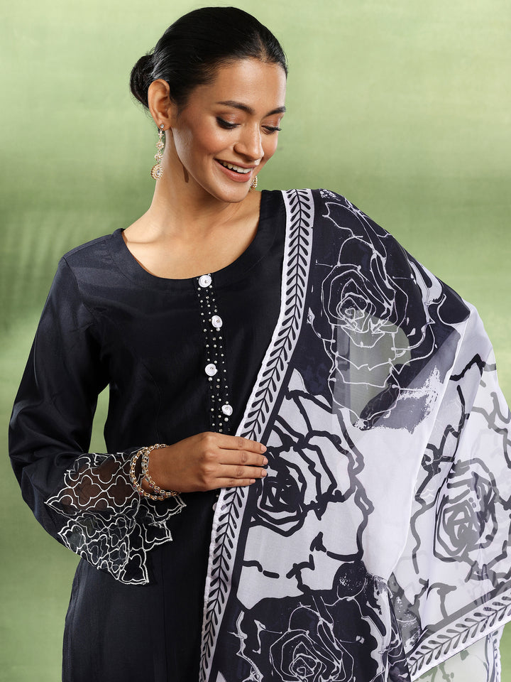 Navy Blue Solid Silk Blend Straight Suit With Dupatta