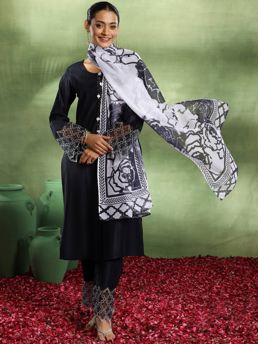 Navy Blue Solid Silk Blend Straight Suit With Dupatta