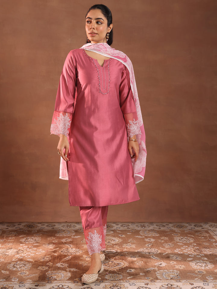 Pink Yoke Design Silk Blend Straight Suit With Dupatta