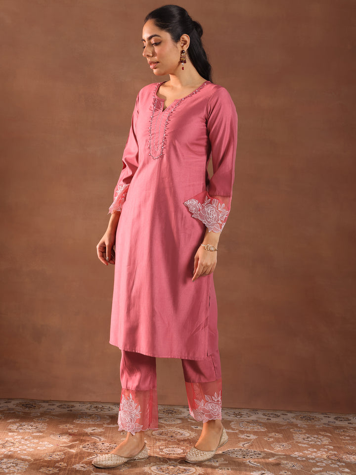 Pink Yoke Design Silk Blend Straight Suit With Dupatta