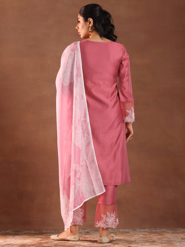 Pink Yoke Design Silk Blend Straight Suit With Dupatta