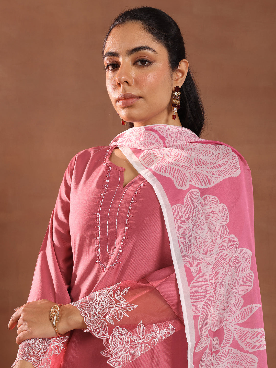 Pink Yoke Design Silk Blend Straight Suit With Dupatta