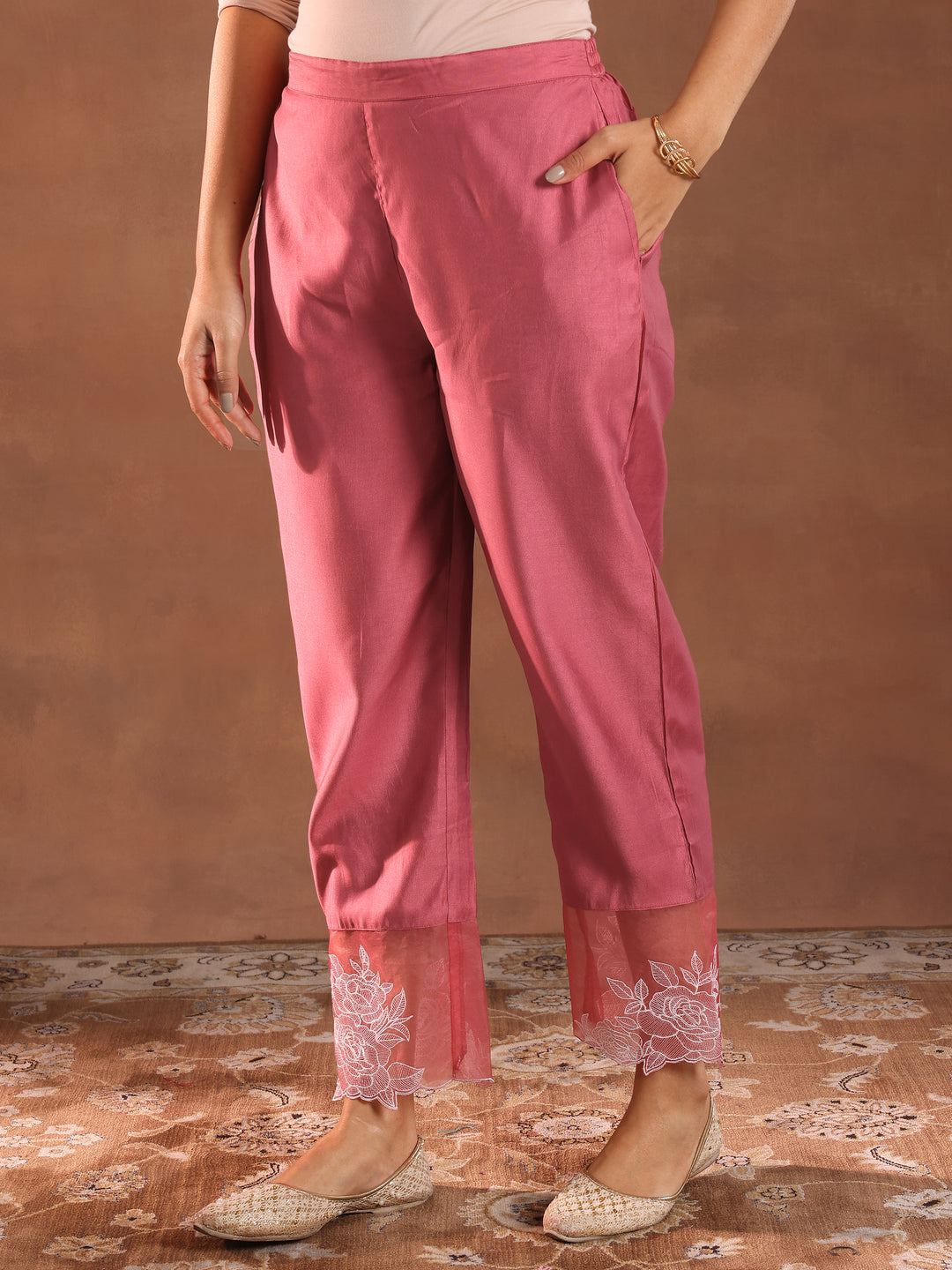 Pink Yoke Design Silk Blend Straight Suit With Dupatta
