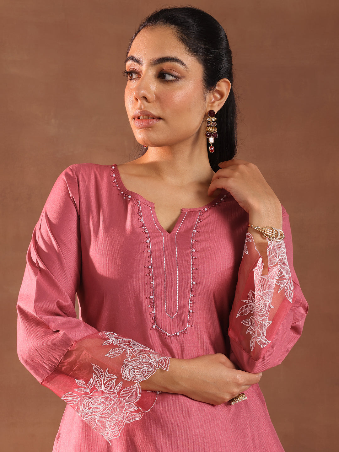 Pink Yoke Design Silk Blend Straight Suit With Dupatta