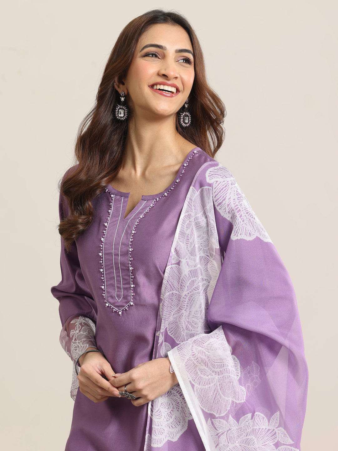 Purple Yoke Design Silk Blend Straight Suit Set With Dupatta