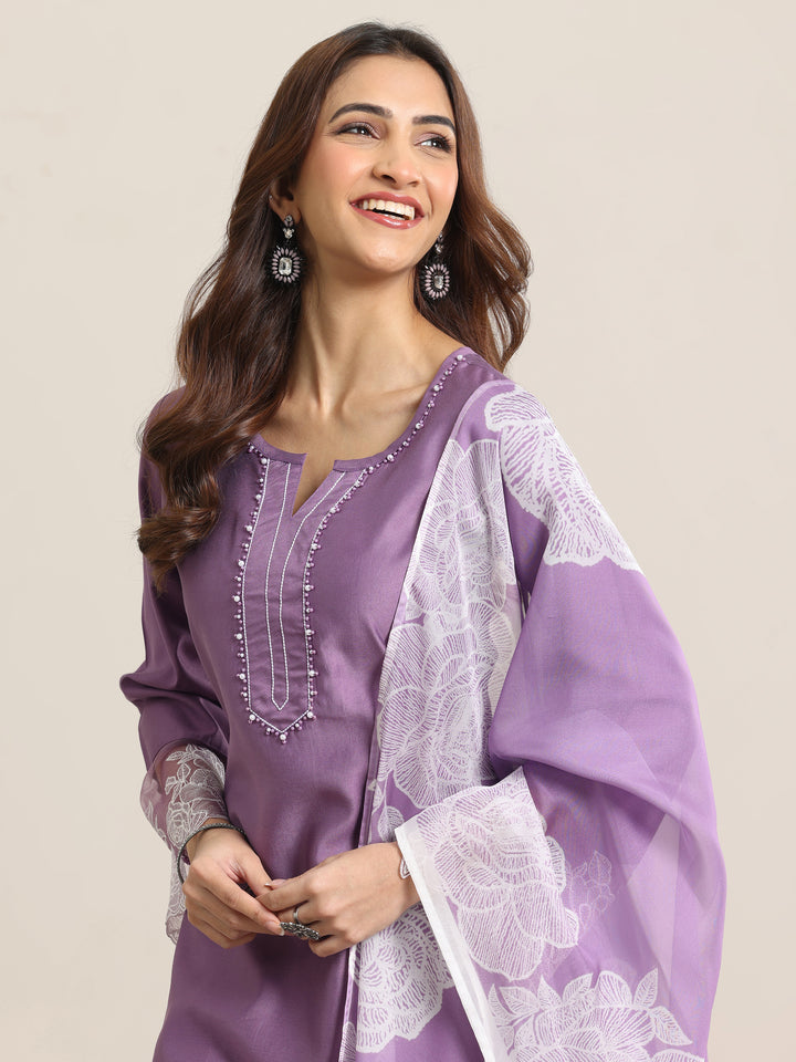 Purple Yoke Design Silk Blend Straight Suit Set With Dupatta