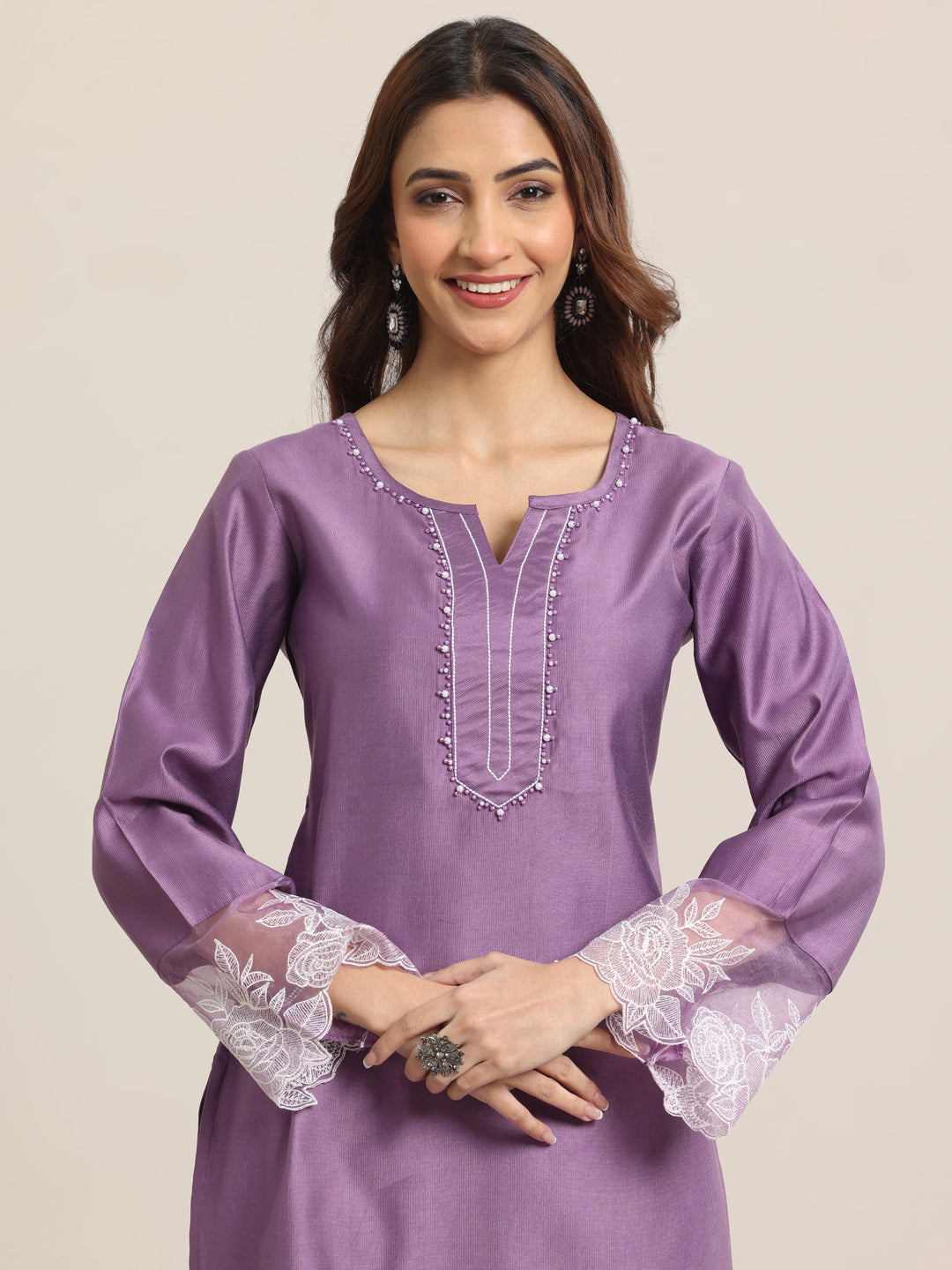 Purple Yoke Design Silk Blend Straight Suit Set With Dupatta