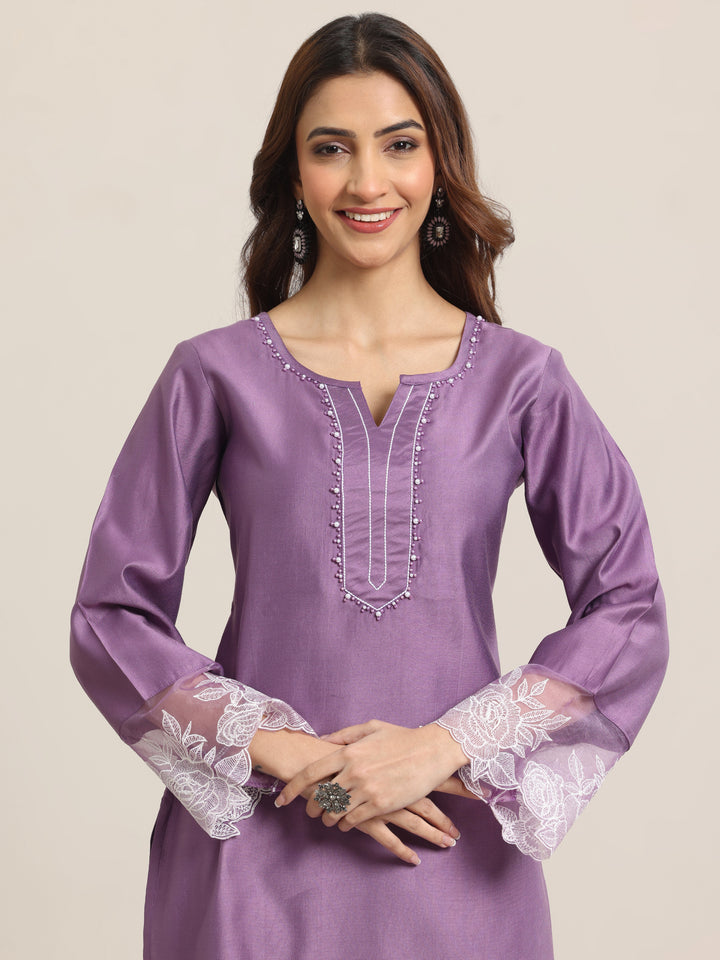 Purple Yoke Design Silk Blend Straight Suit Set With Dupatta
