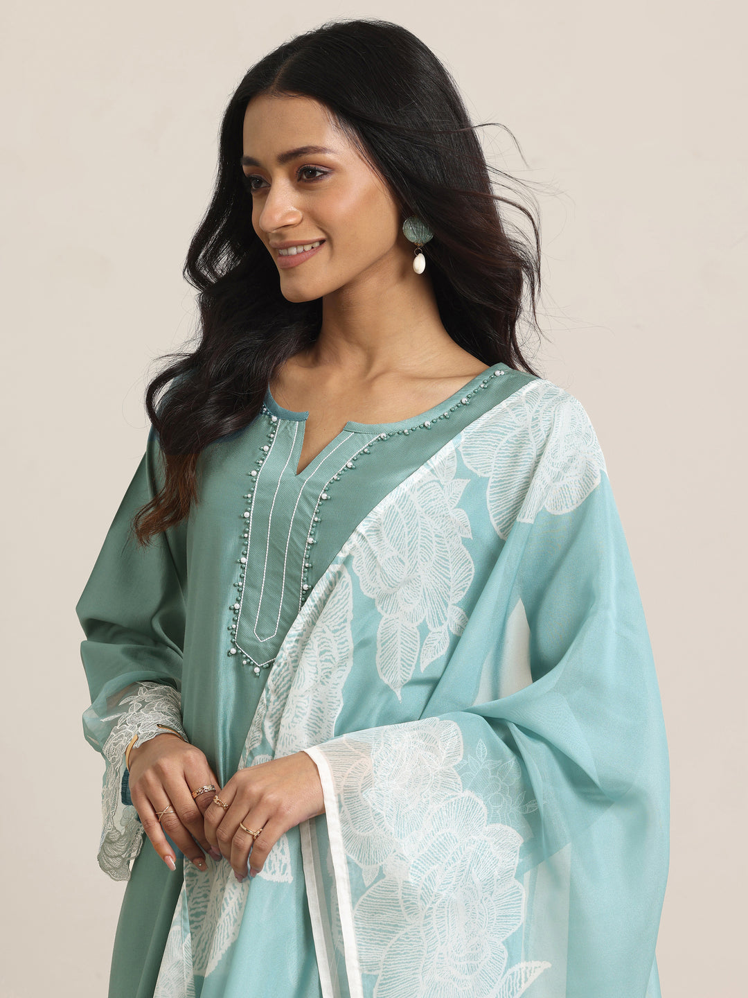 Green Yoke Design Silk Blend Straight Suit Set With Dupatta