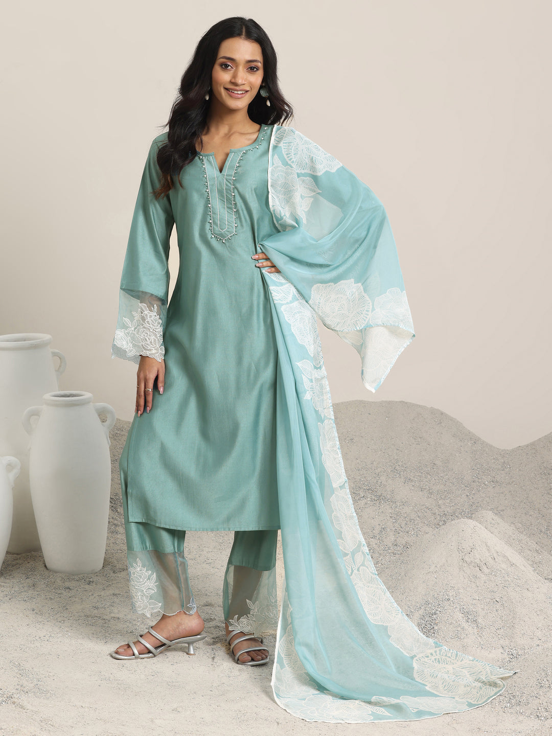 Green Yoke Design Silk Blend Straight Suit Set With Dupatta