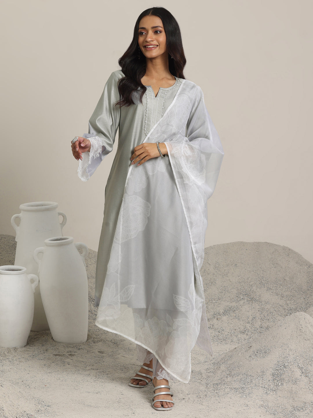 Grey Yoke Design Silk Blend Straight Suit Set With Dupatta