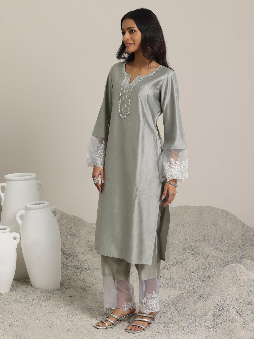 Grey Yoke Design Silk Blend Straight Suit Set With Dupatta