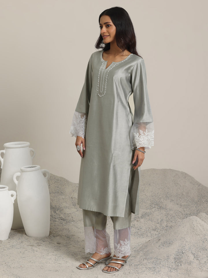 Grey Yoke Design Silk Blend Straight Suit Set With Dupatta