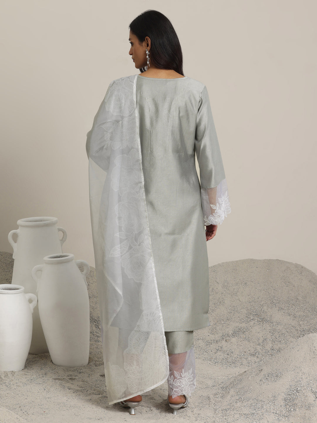 Grey Yoke Design Silk Blend Straight Suit Set With Dupatta