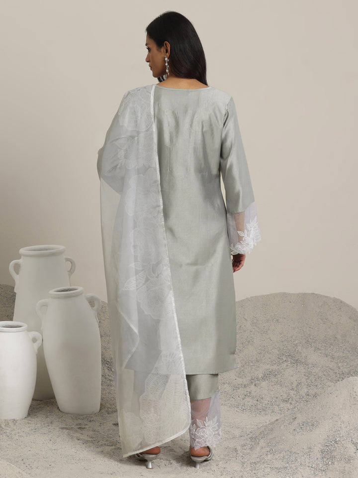 Grey Yoke Design Silk Blend Straight Suit Set With Dupatta