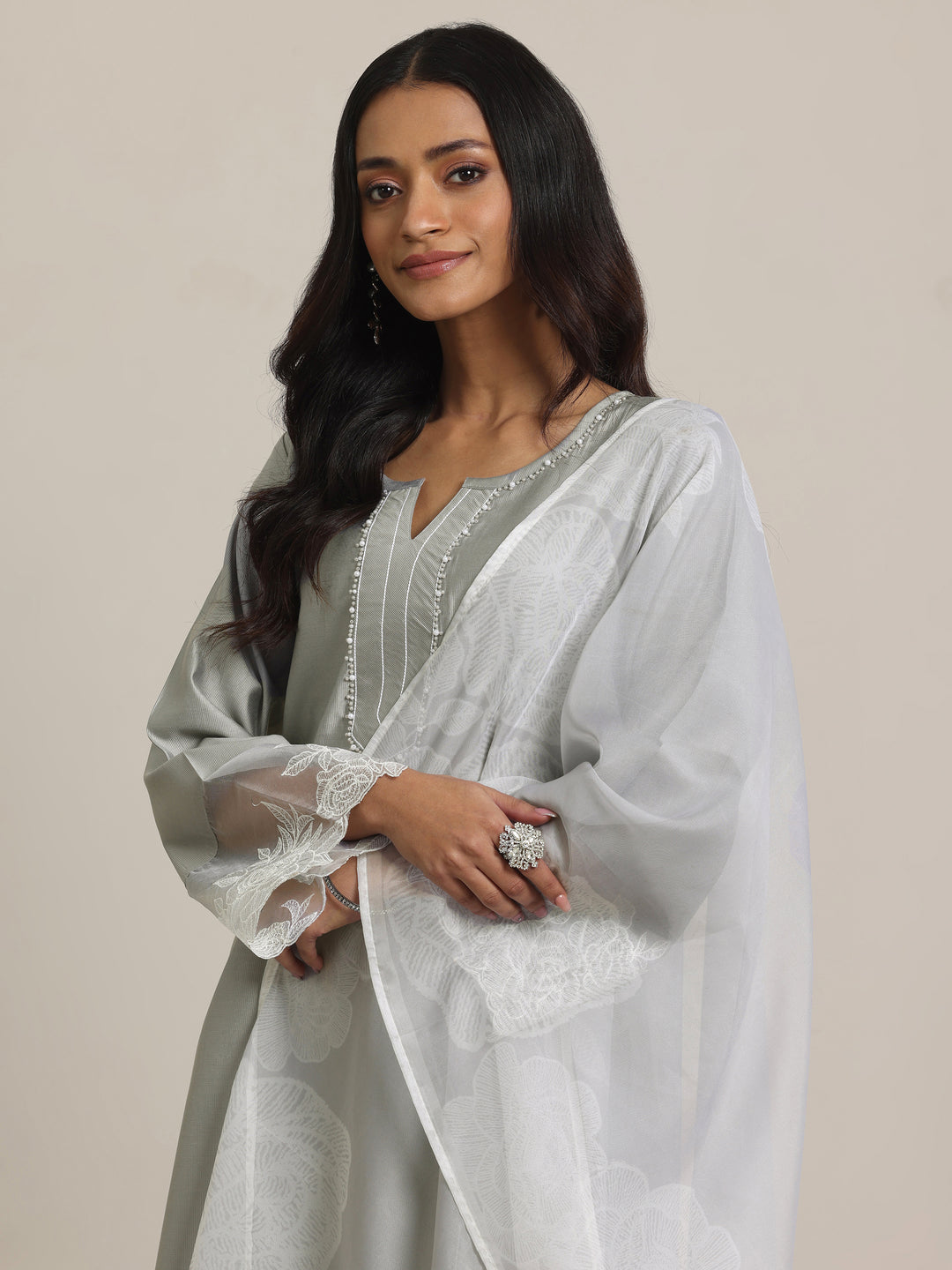 Grey Yoke Design Silk Blend Straight Suit Set With Dupatta