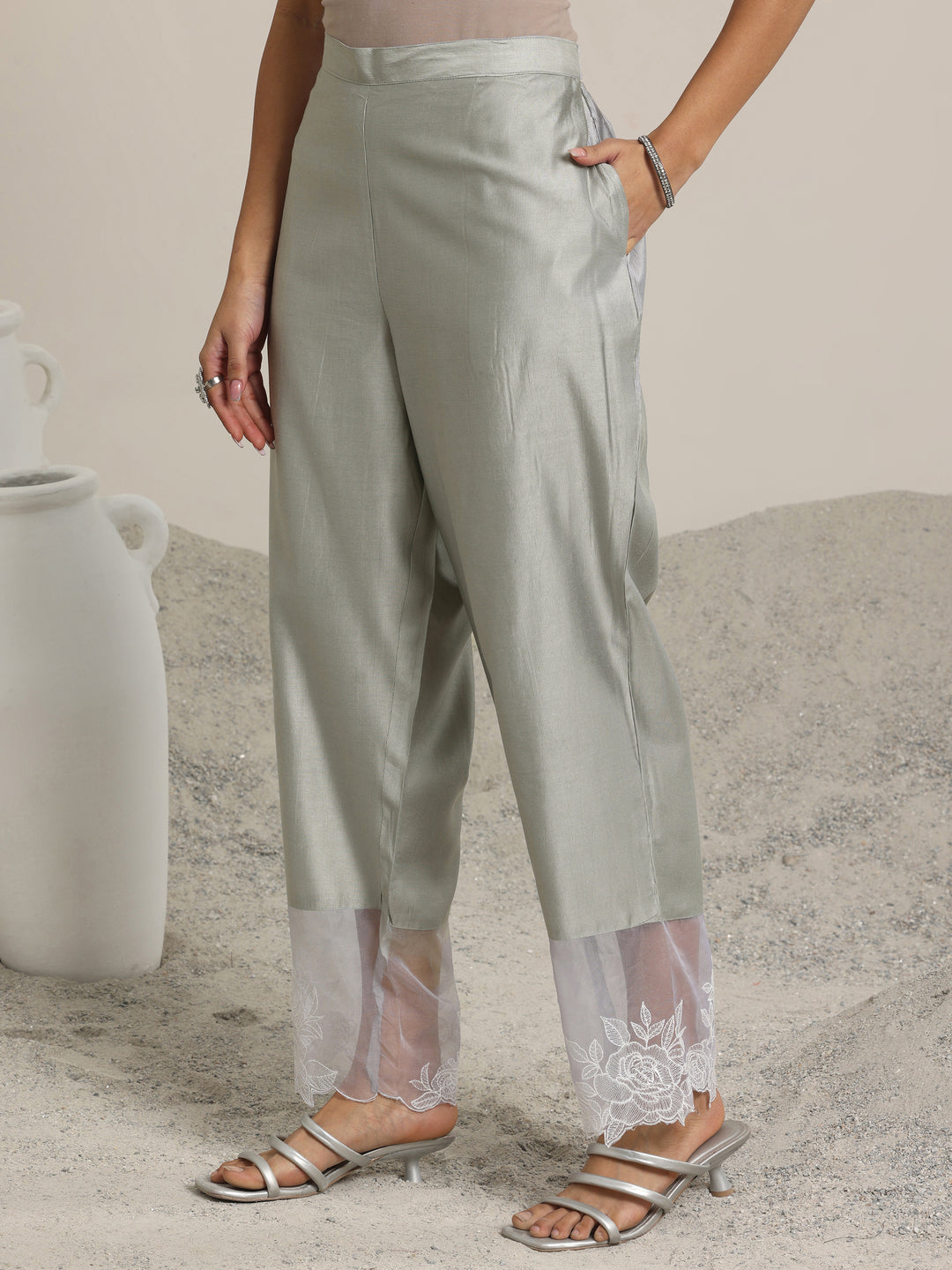 Grey Yoke Design Silk Blend Straight Suit Set With Dupatta