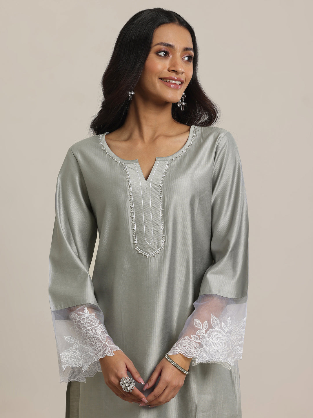 Grey Yoke Design Silk Blend Straight Suit Set With Dupatta