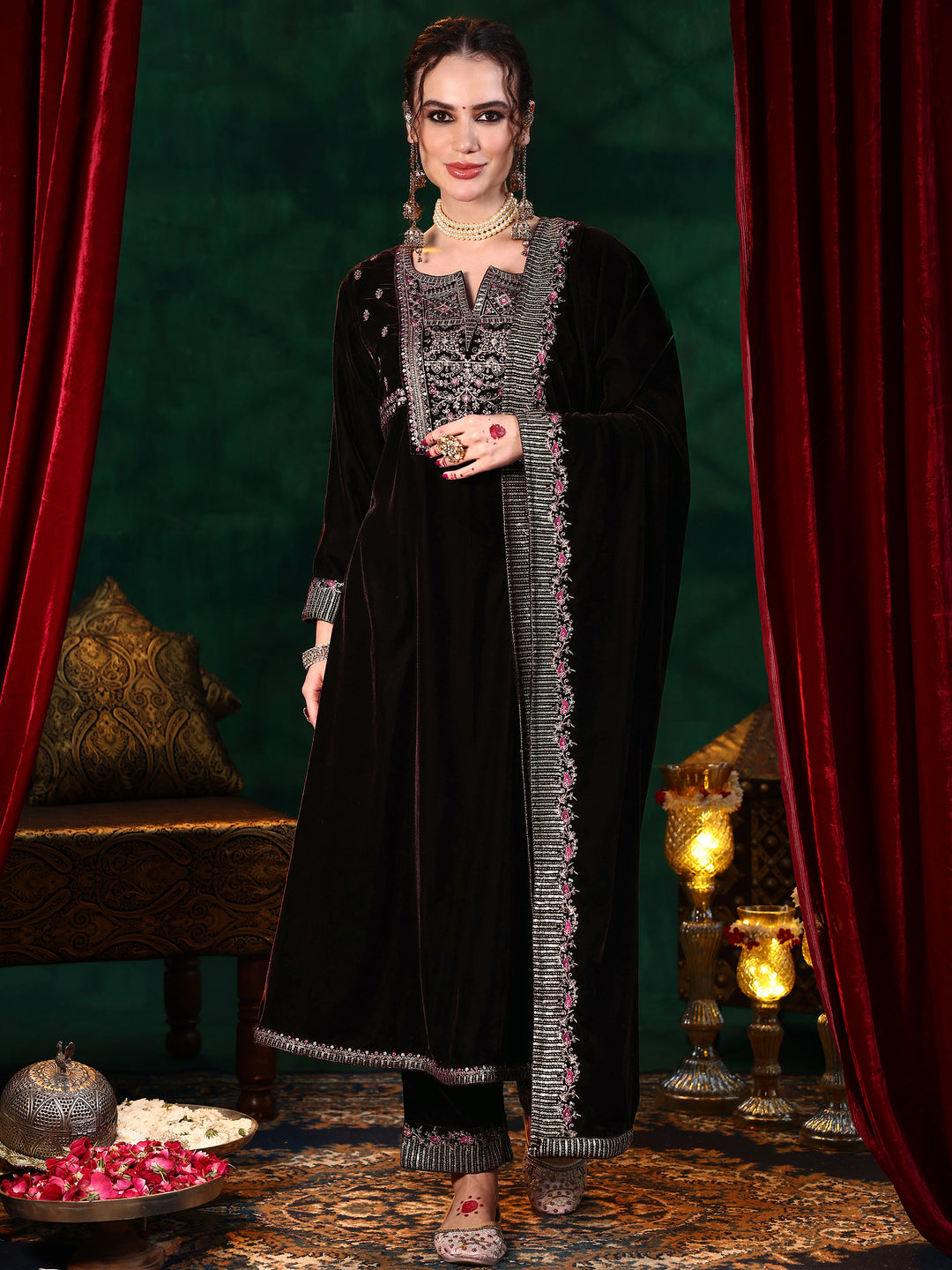 Brown Embroidered Velvet A-Line Kurta With Trousers & Dupatta