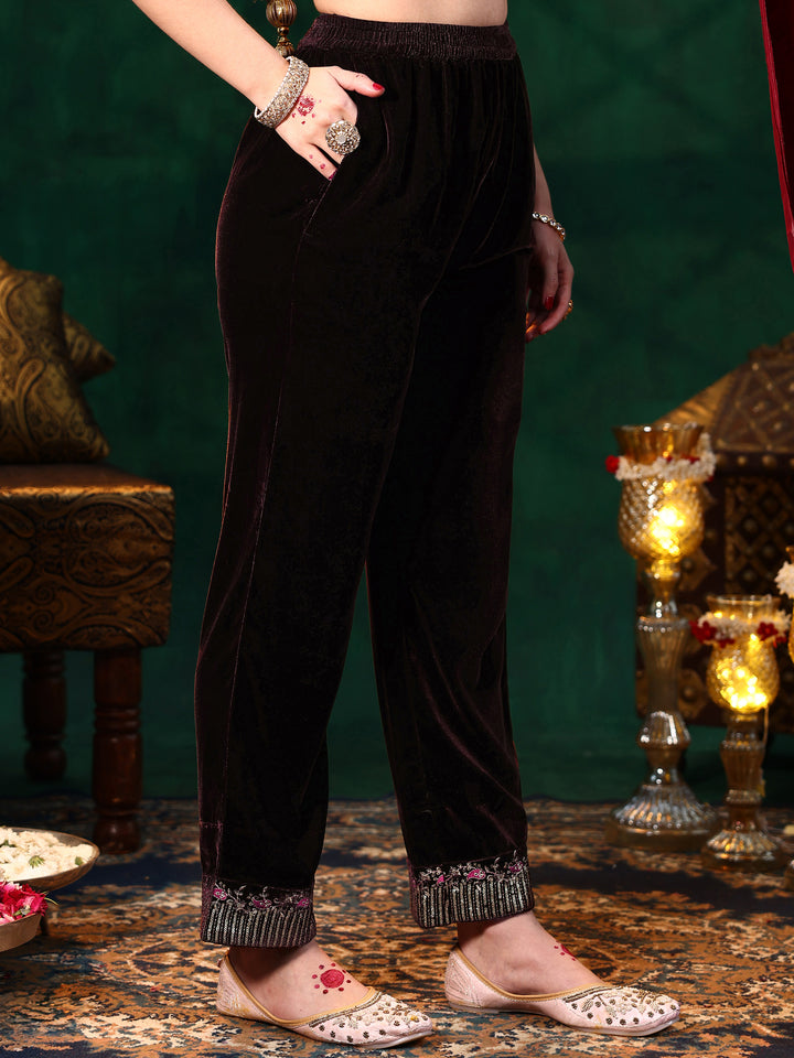 Brown Embroidered Velvet A-Line Kurta With Trousers & Dupatta
