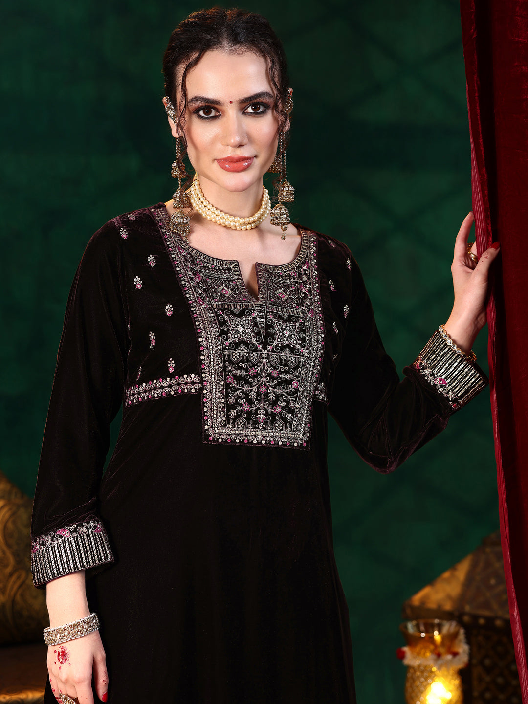 Brown Embroidered Velvet A-Line Kurta With Trousers & Dupatta