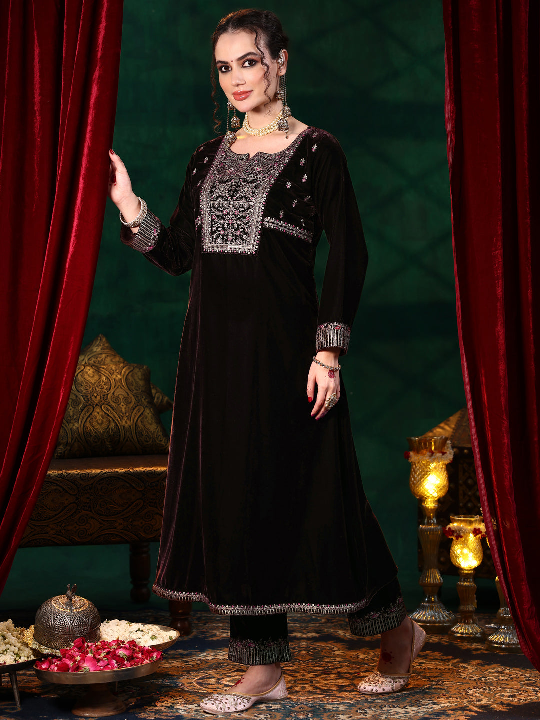Brown Embroidered Velvet A-Line Kurta With Trousers & Dupatta