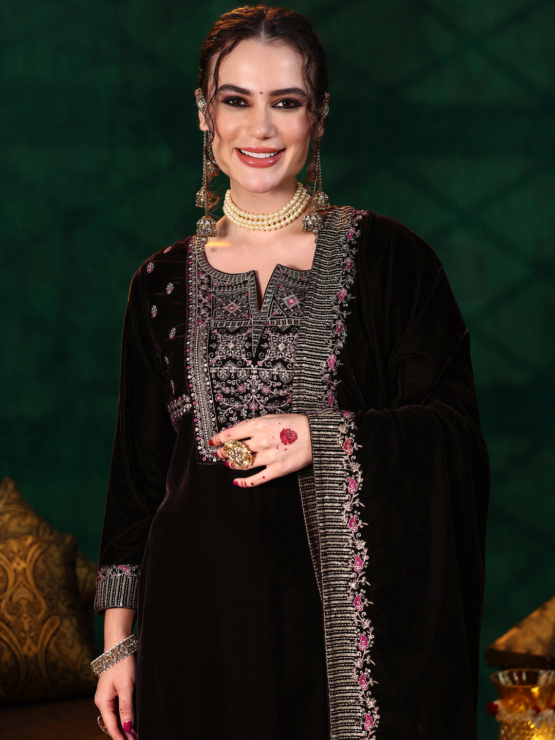 Brown Embroidered Velvet A-Line Kurta With Trousers & Dupatta