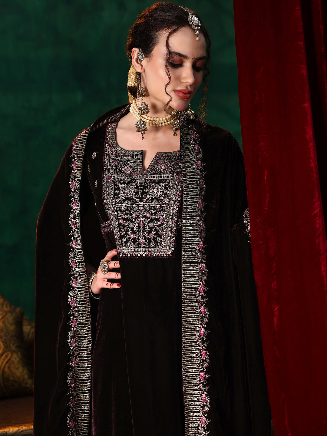 Brown Embroidered Velvet A-Line Kurta With Trousers & Dupatta