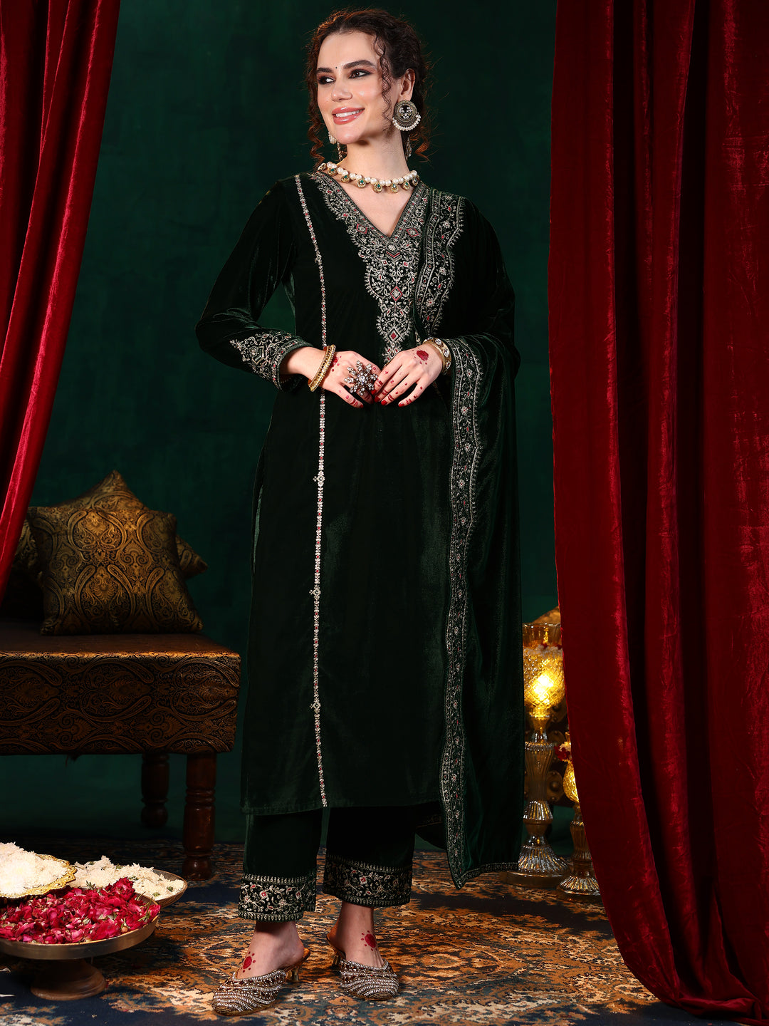 Green Embroidered Velvet Straight Suit With Dupatta