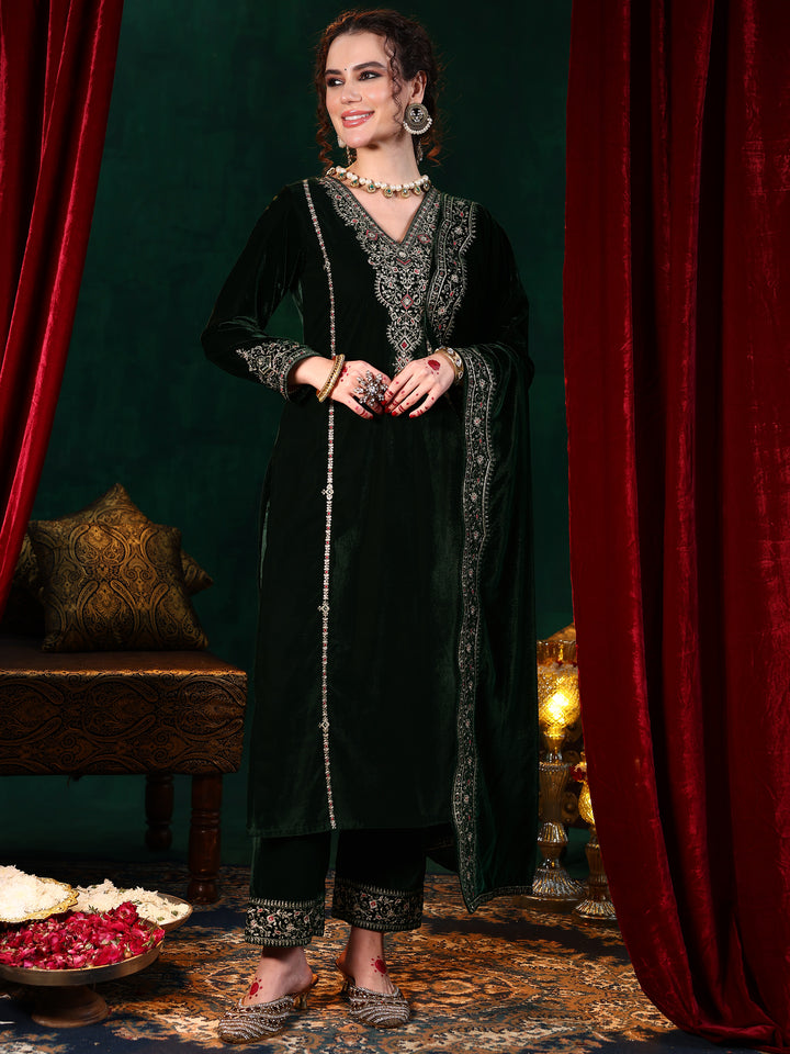Green Embroidered Velvet Straight Suit With Dupatta