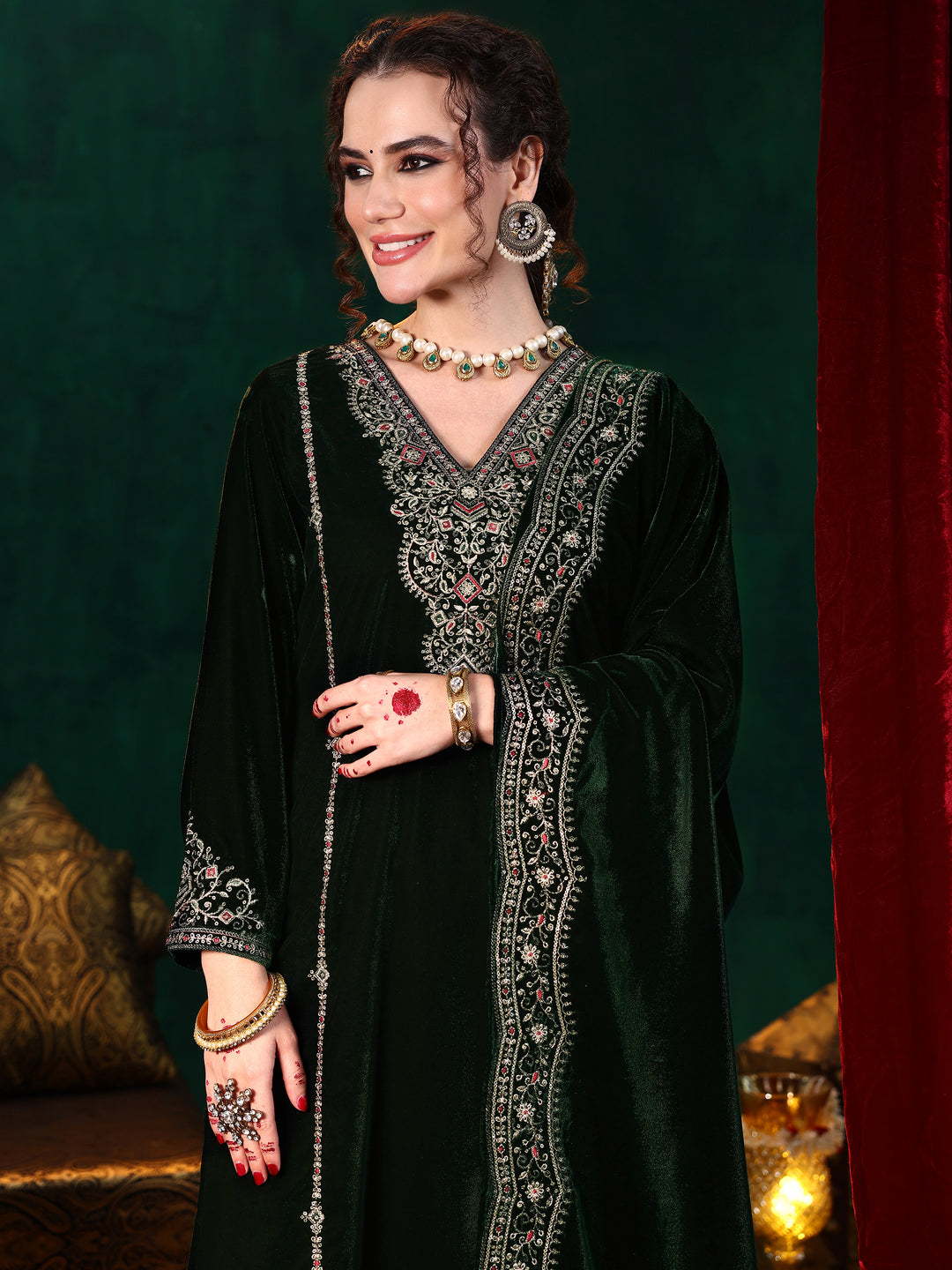 Green Embroidered Velvet Straight Suit With Dupatta