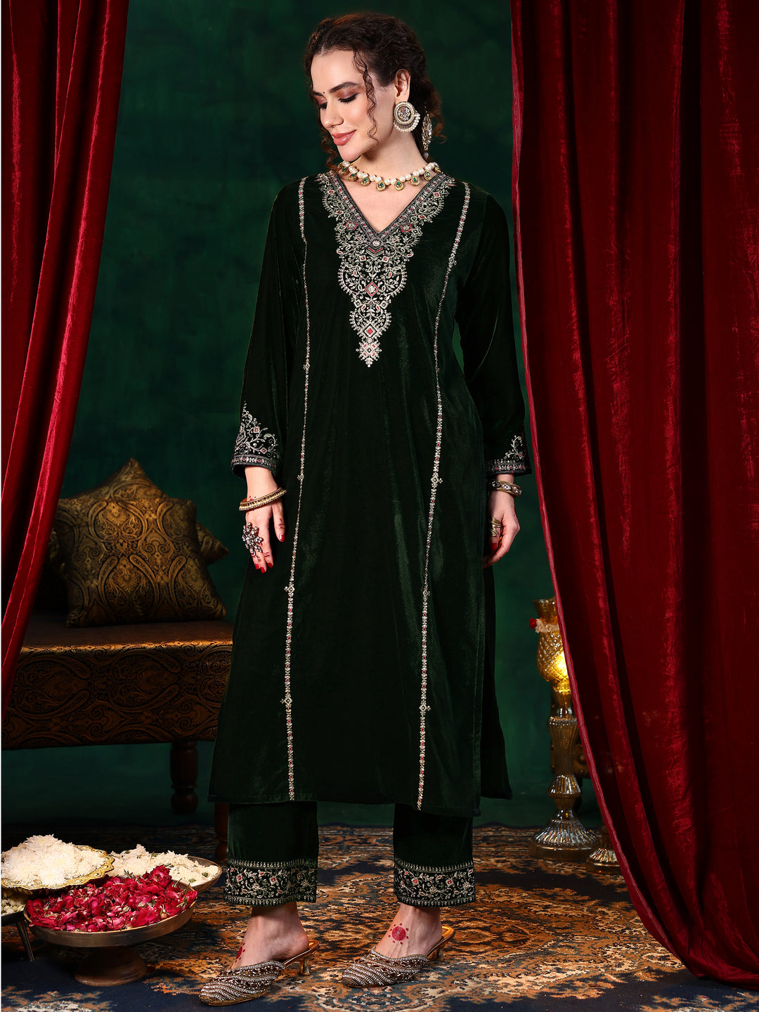 Green Embroidered Velvet Straight Suit With Dupatta