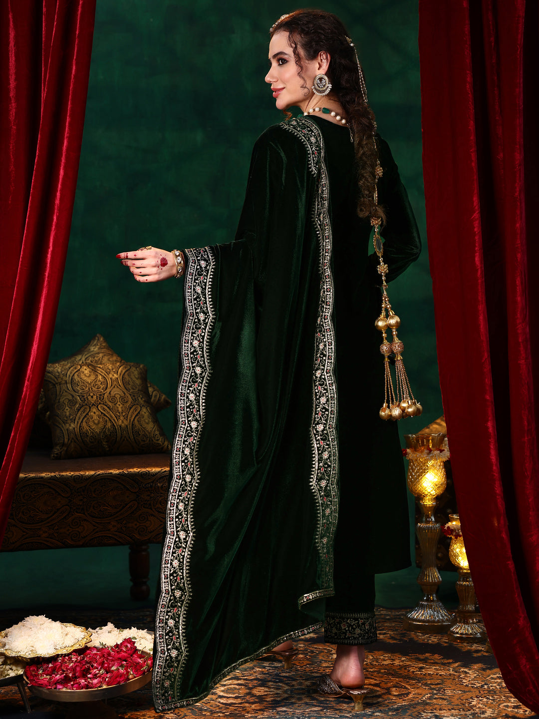 Green Embroidered Velvet Straight Suit With Dupatta