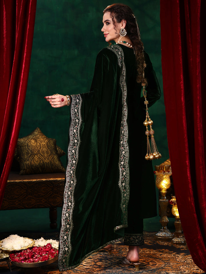 Green Embroidered Velvet Straight Suit With Dupatta