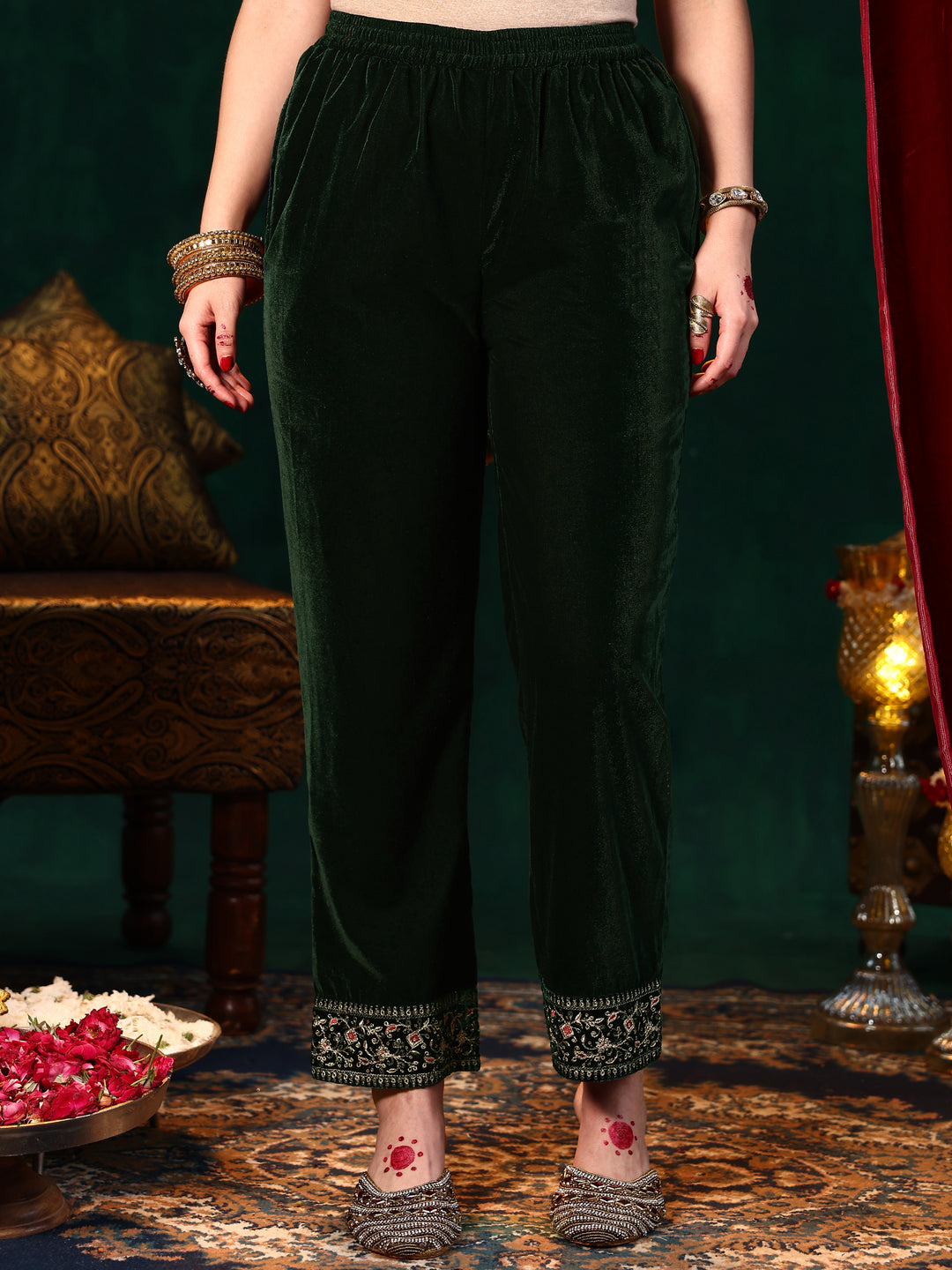 Green Embroidered Velvet Straight Suit With Dupatta