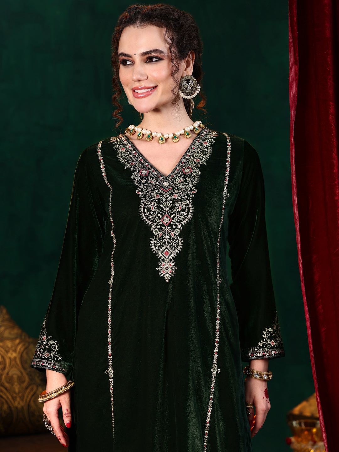 Green Embroidered Velvet Straight Suit With Dupatta