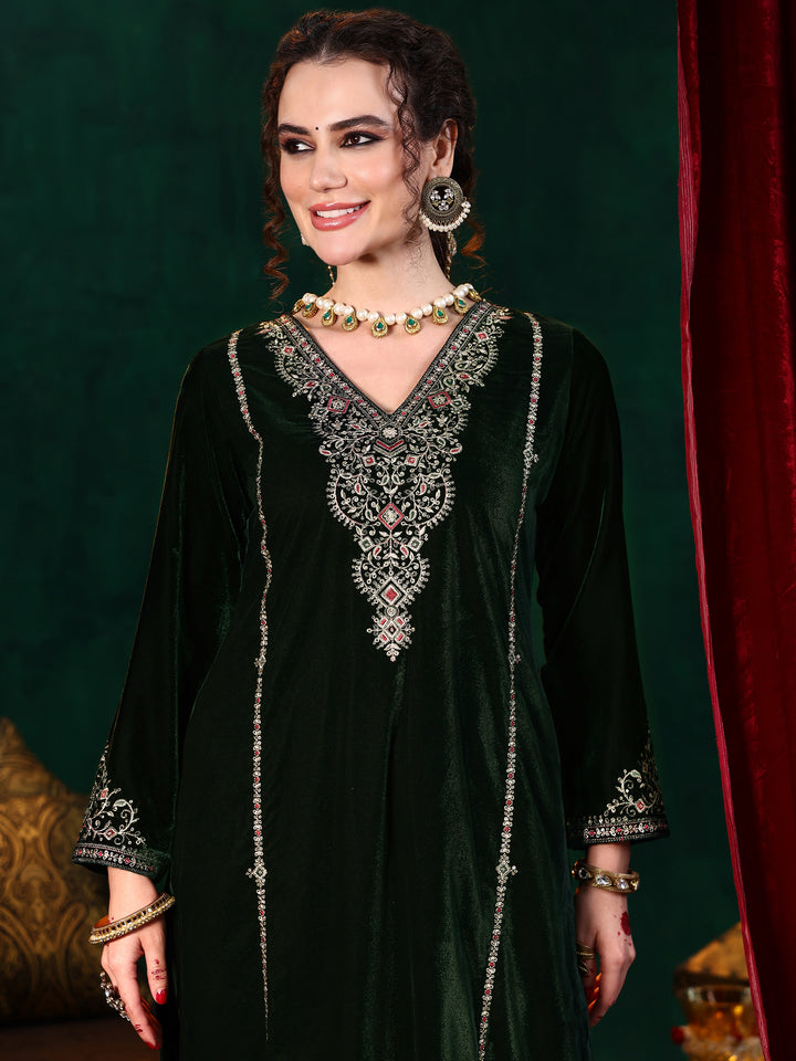 Green Embroidered Velvet Straight Suit With Dupatta