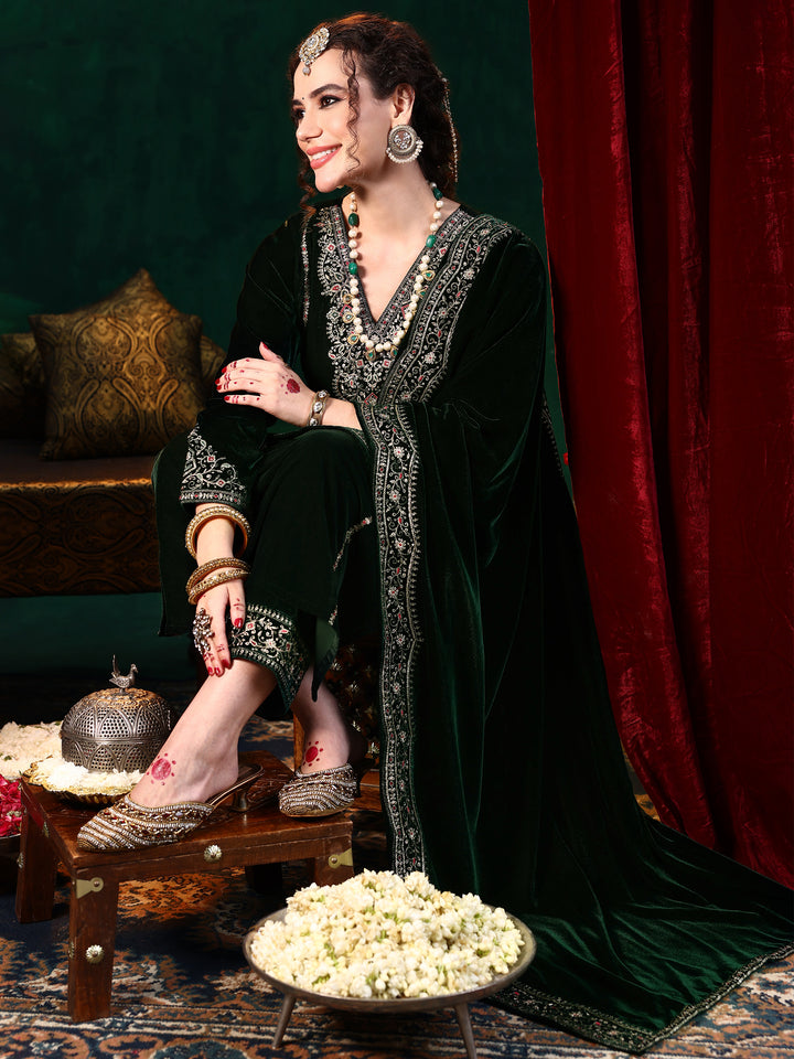 Green Embroidered Velvet Straight Suit With Dupatta