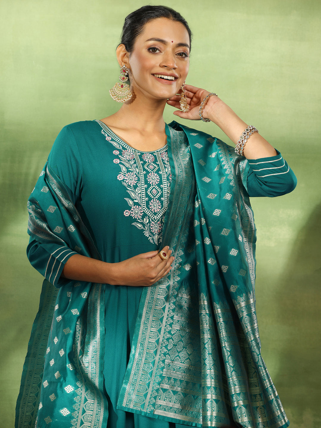 Green Yoke Design Rayon Anarkali Suit With Dupatta