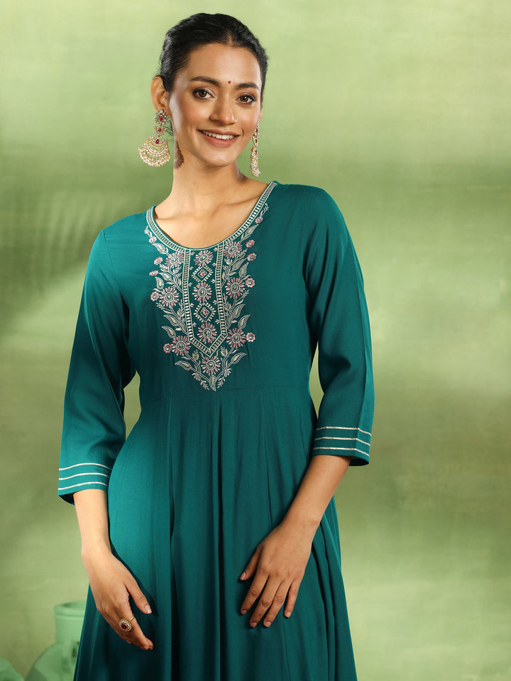 Green Yoke Design Rayon Anarkali Suit With Dupatta