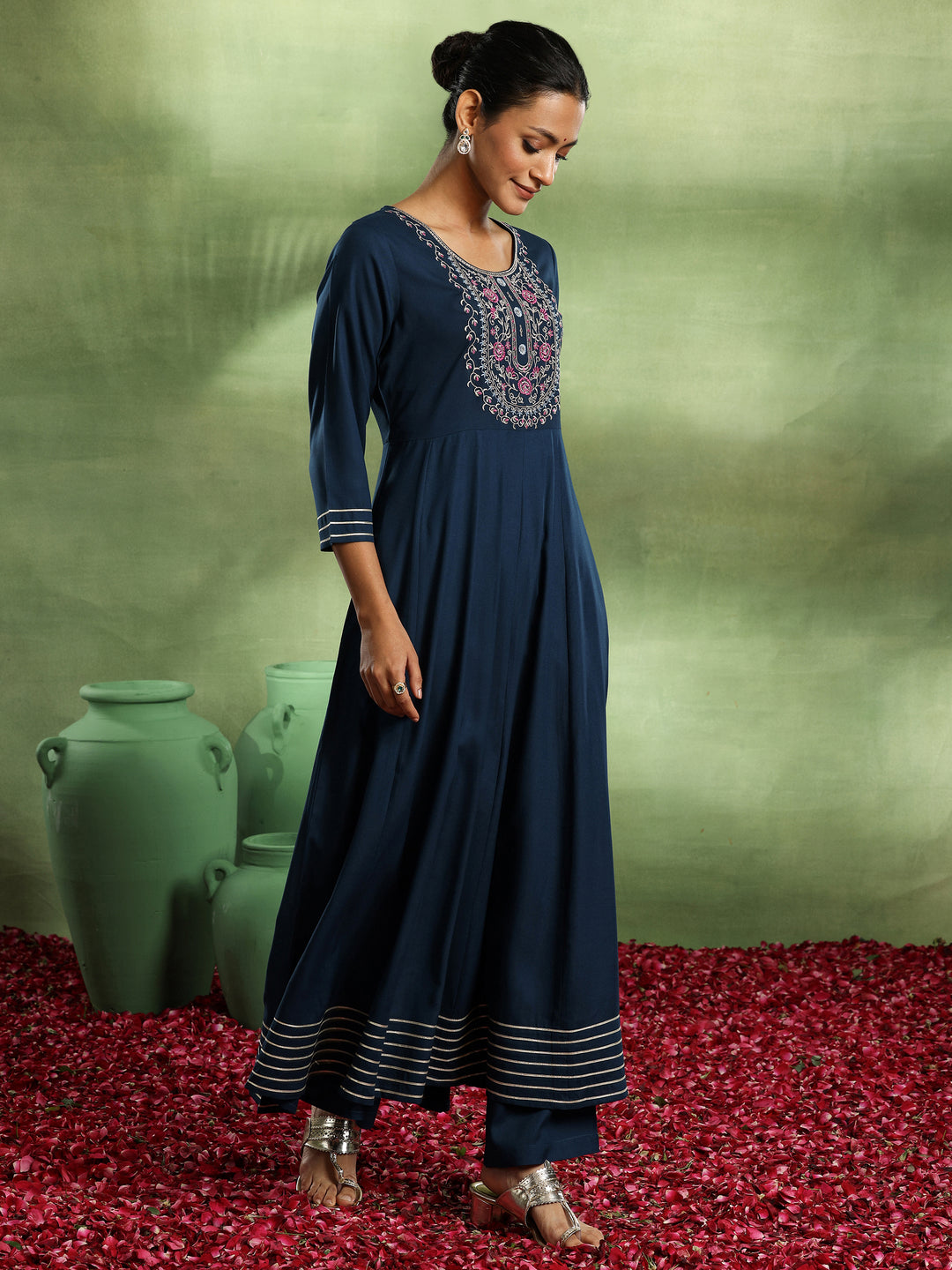 Navy Blue Yoke Design Rayon Anarkali Suit With Dupatta