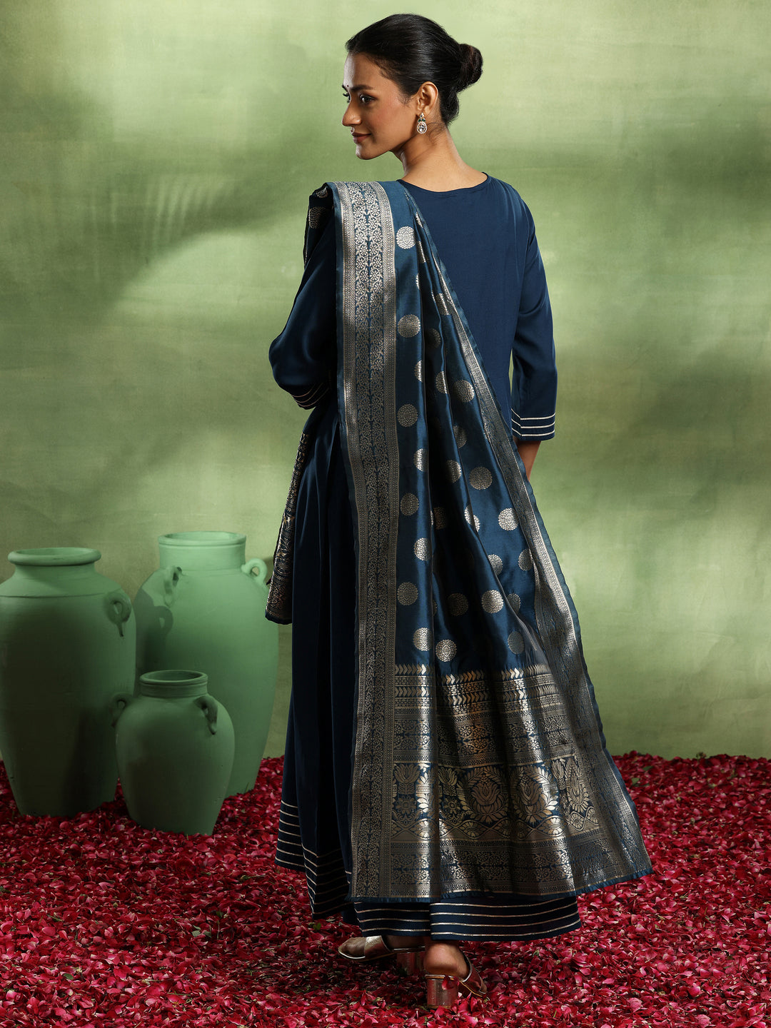 Navy Blue Yoke Design Rayon Anarkali Suit With Dupatta