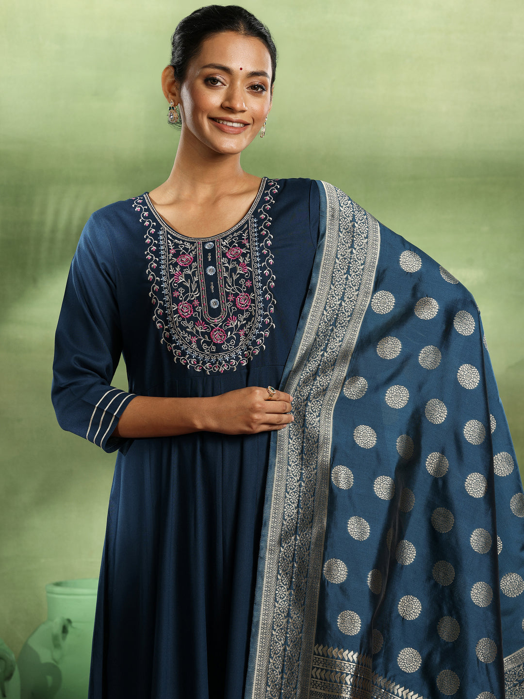 Navy Blue Yoke Design Rayon Anarkali Suit With Dupatta