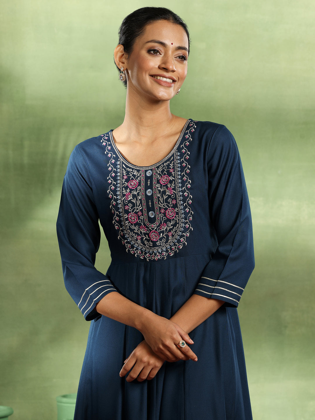 Navy Blue Yoke Design Rayon Anarkali Suit With Dupatta